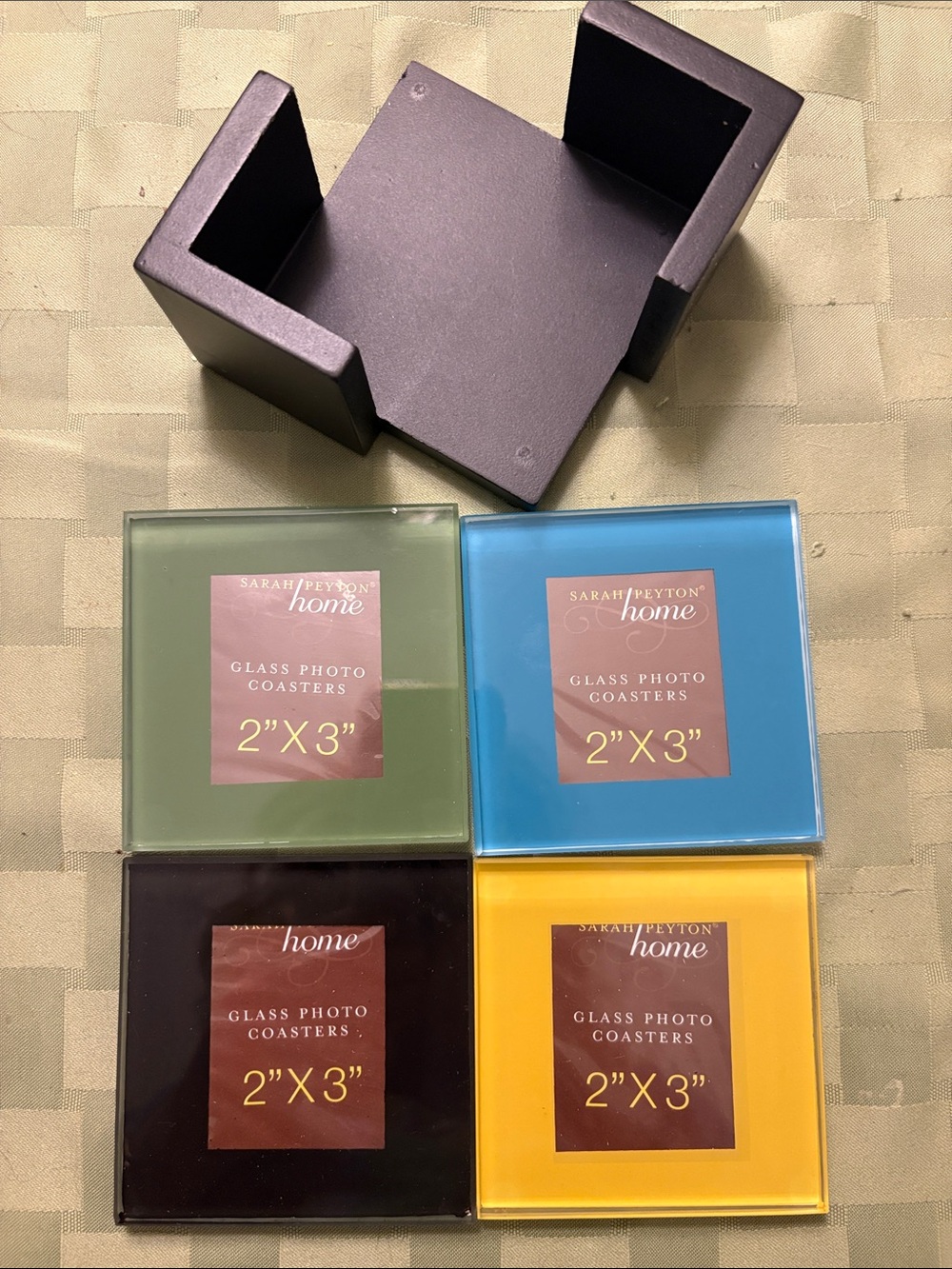 Colored Glass Photo Coaster Set (Green, Blue, Black, Yellow)